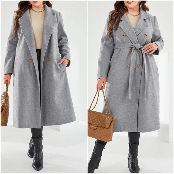 Plus Double Breasted Button up Belted Jacket Coat - Picture 8 of 9